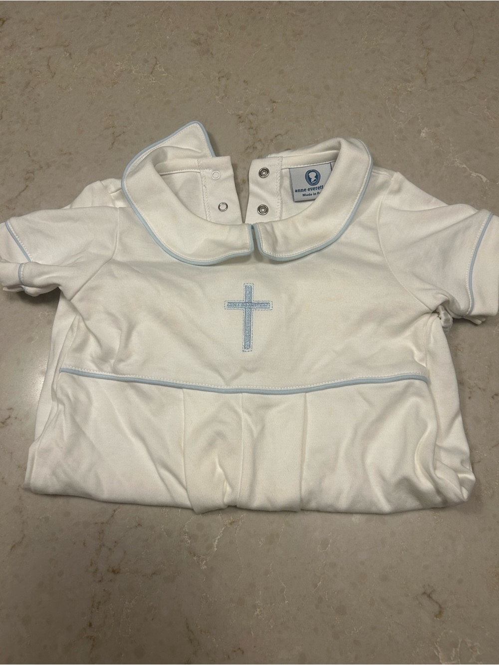 White Baby Baptism Romper with Light Blue Trim